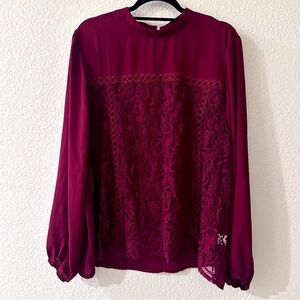 The Line of Style Burgundy Lace Blouse 3X Long Sleeve Keyhole Back Romantic Boho